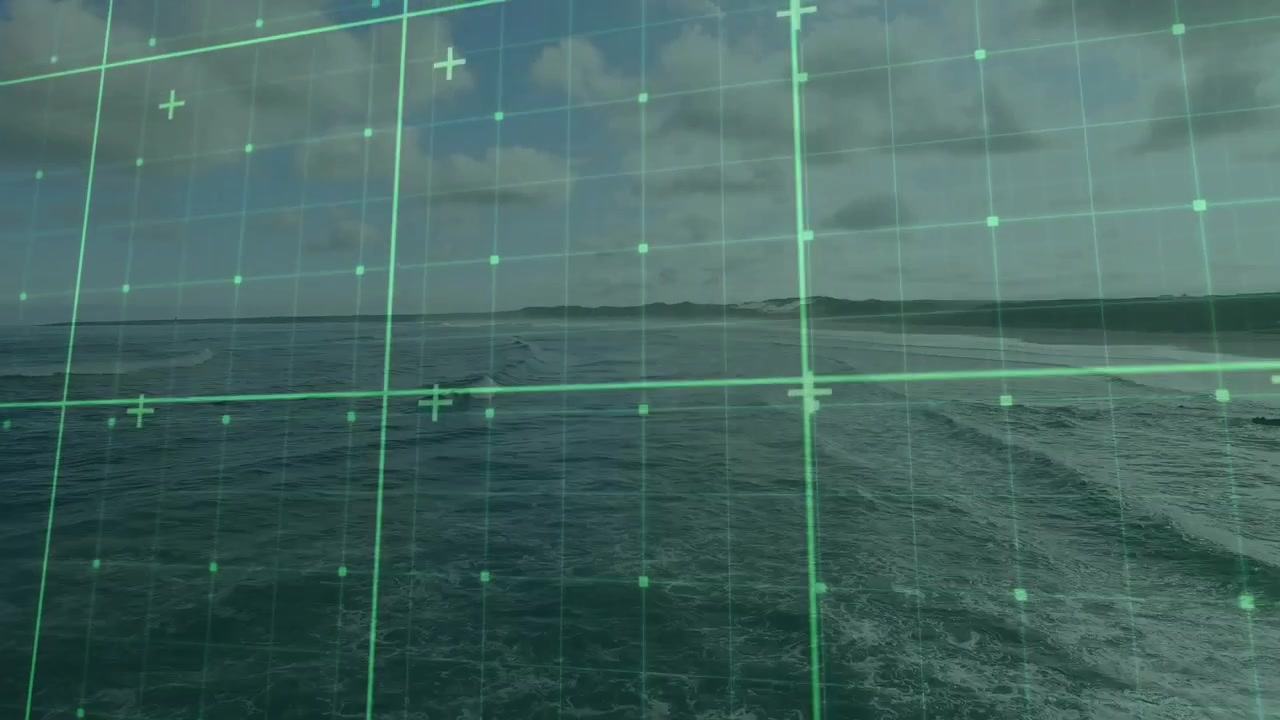 Aerial View of Ocean Waves with Digital Data Grid Overlay