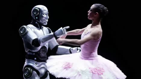 in a captivating performance, a humanoid robot and a skilled ballerina unite to explore the blend of modern technology and traditional dance. the stage comes alive with their synchronized movements.