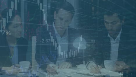 animation of data processing over caucasian business people in office