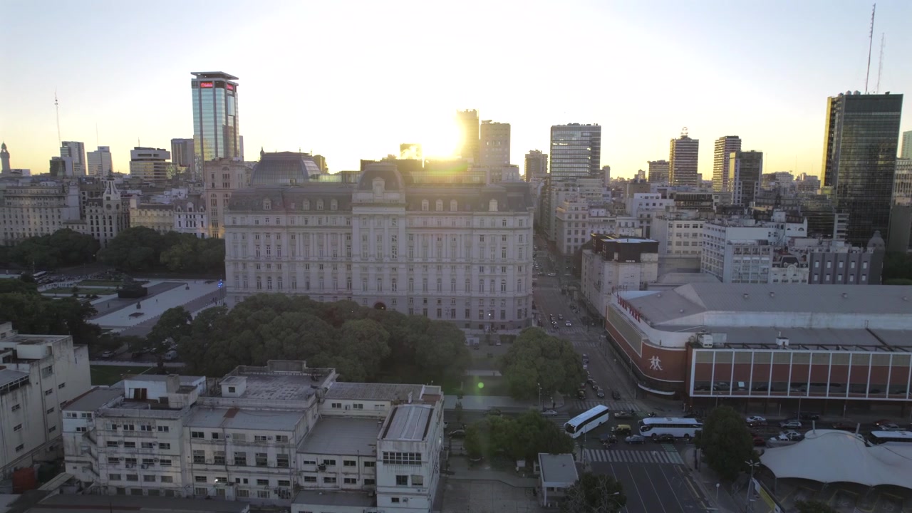 4K drone aerial view of Puerto Madero and Luna Park in Buenos Aires, Argentina. Iconic waterfront, modern skyline and one of the city’s most historic entertainment venues.