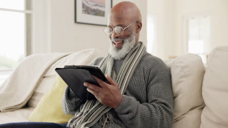 senior man, tablet and laugh in home for reading