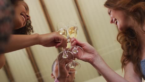 Diverse-group-of-female-friends-having-fun-raising-one's-glasses-at-home