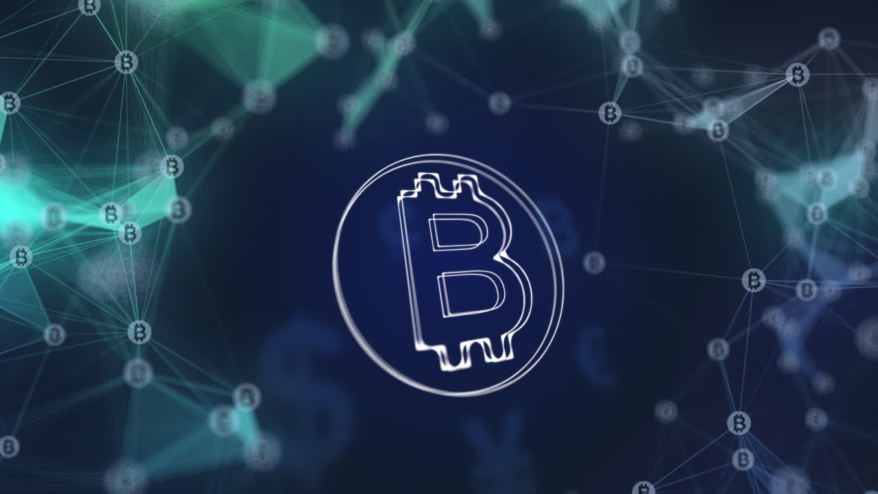 Rotating transparent bitcoin icon in digital cyberspace. Abstract animated 3D background with symbols of currency signs. Cryptocurrency.