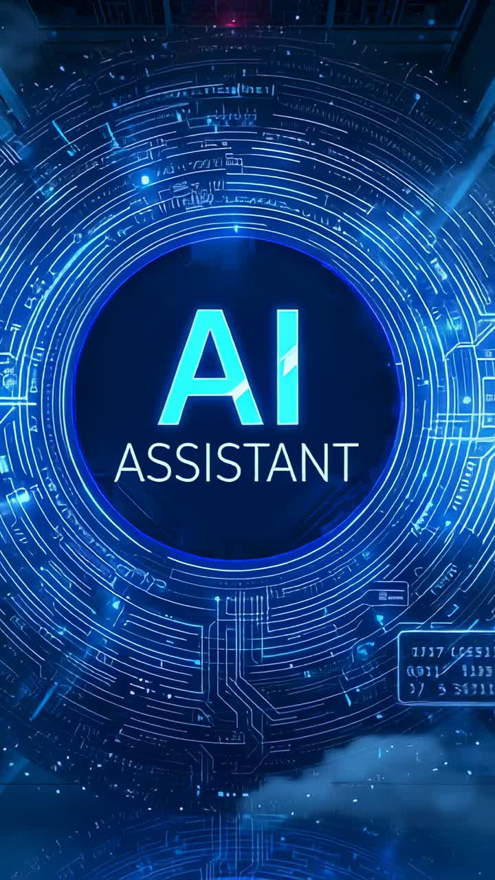 Vertical video: Forming rotating pulsing interface in digital hub, presenting glowing AI Assistant
