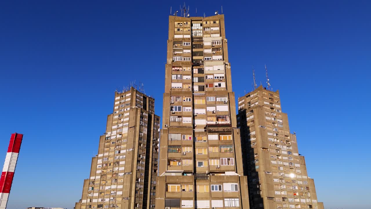 Aerial view of the Eastern Gate of Belgrade, Serbia, drone approach urban Brutalism building