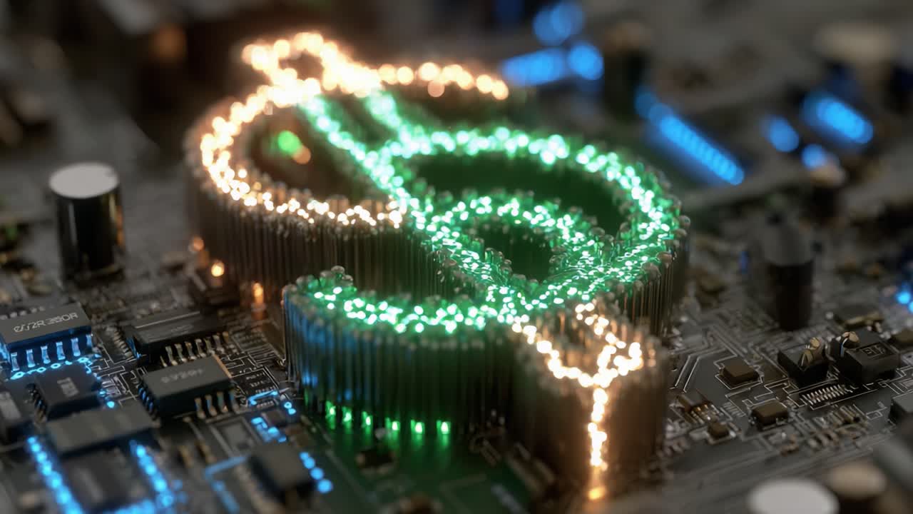 A dazzling close-up of a green illuminated dollar symbol on a circuit board, showcasing the integration of finance and technology in a modern, digital landscape