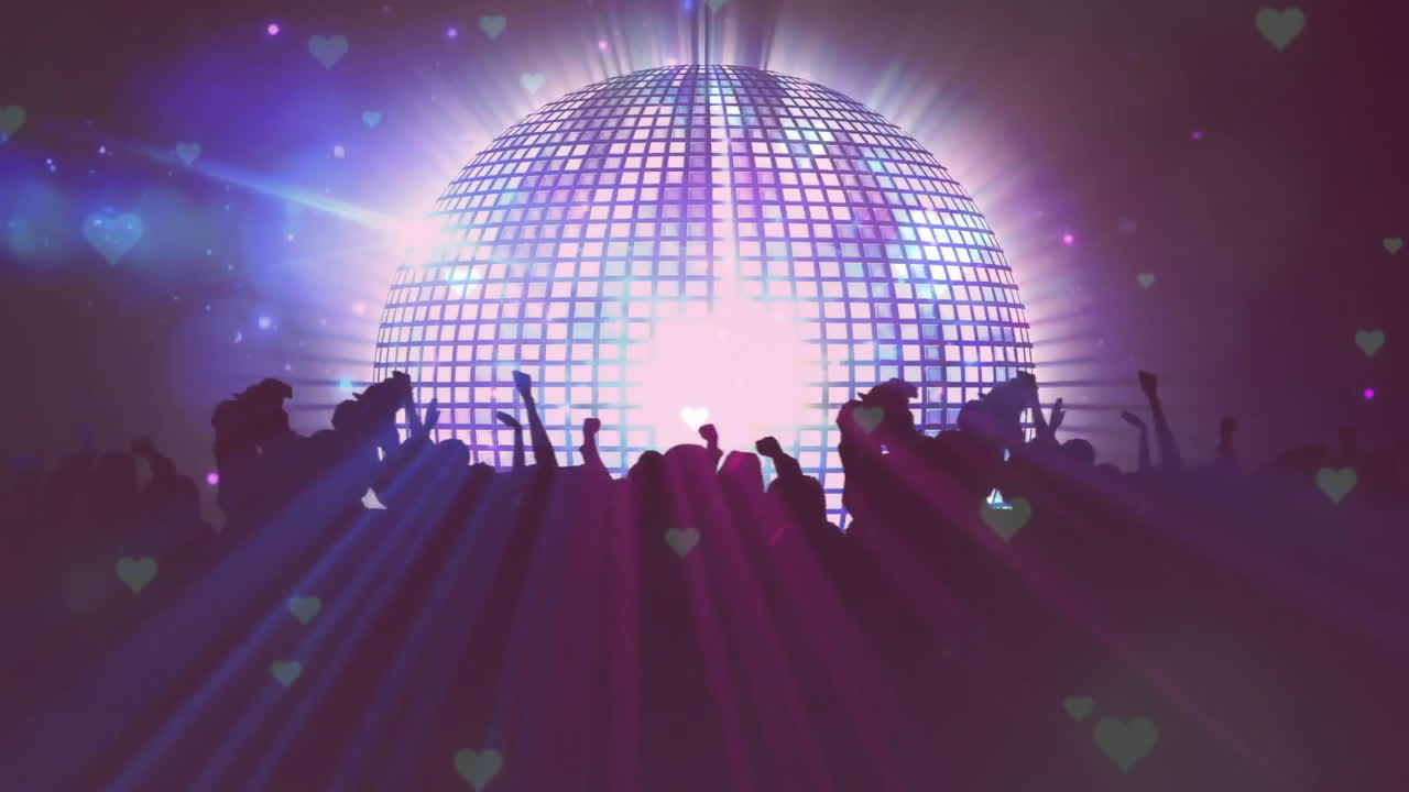 Disco ball and dancing crowd with hearts animation