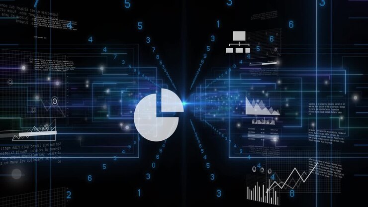 Konvergerende blå strømmer starter en animert sky-laptop-hub, med ekspanderende diagrammer som viser en datasirkel.