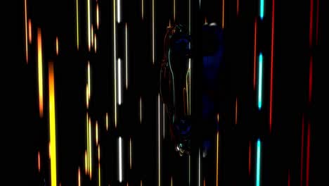 3d speeding sports car on neon. powerful acceleration of a supercar on a night track with colorful lights and trails. 3d animation