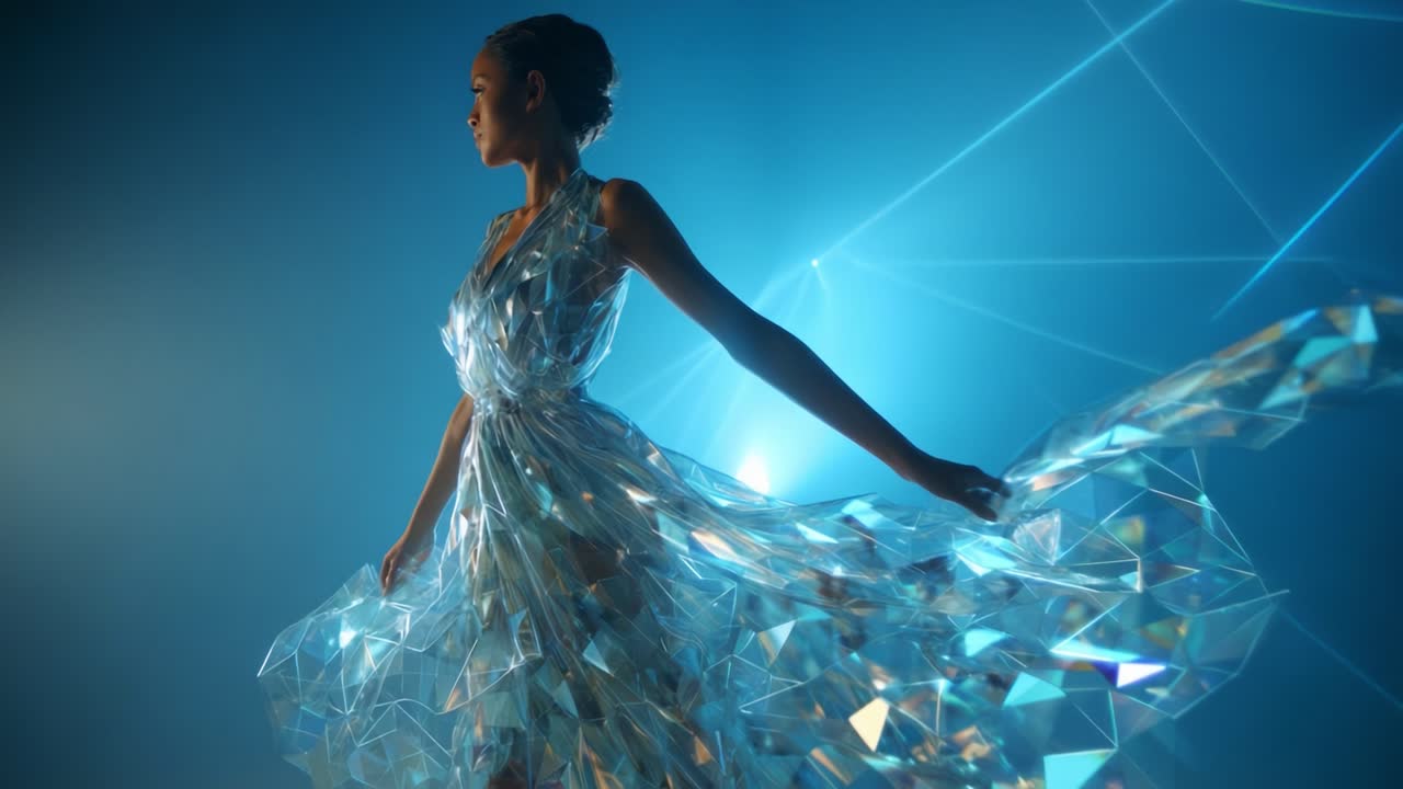 A captivating moment captured in a visually stunning video showcasing a model dressed in a mesmerizing crystalline outfit that reflects light, exuding elegance and artistry in a modern performance setting