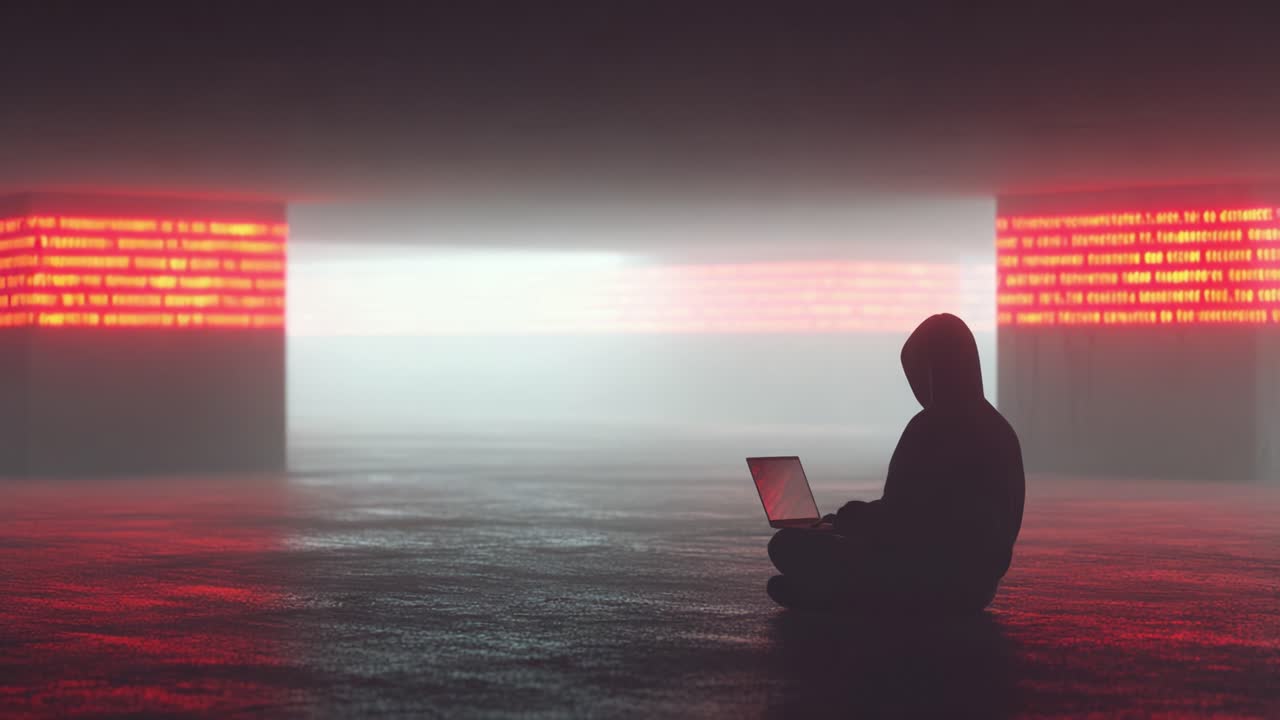 A Mysterious Figure in a Hoodie Sitting on the Floor with a Laptop Surrounded by Glowing Red Text in a Foggy, Digital Landscape Representing Cyber Intrigue