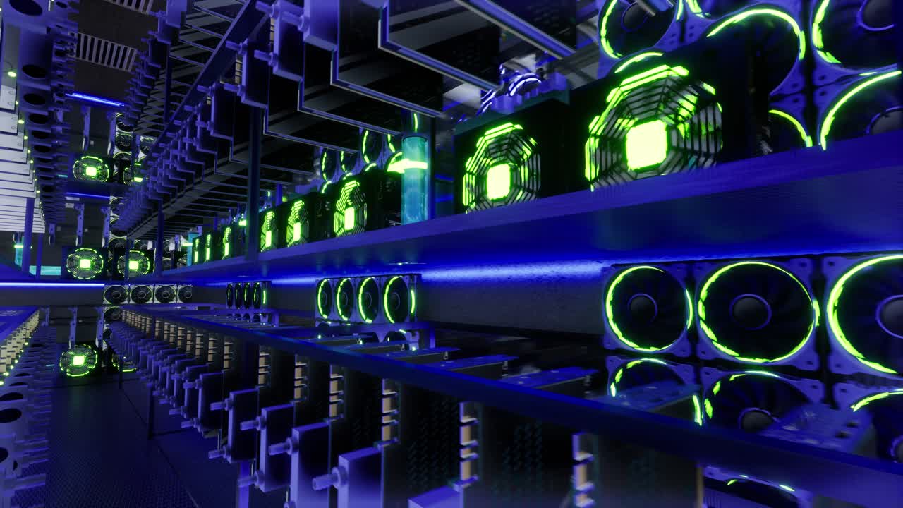 3d-анимация горнодобывающего оборудования на стойках для шахты криптовалюты в стальном контейнере. применение технологии блокчейна для конкретных интегральных схем.