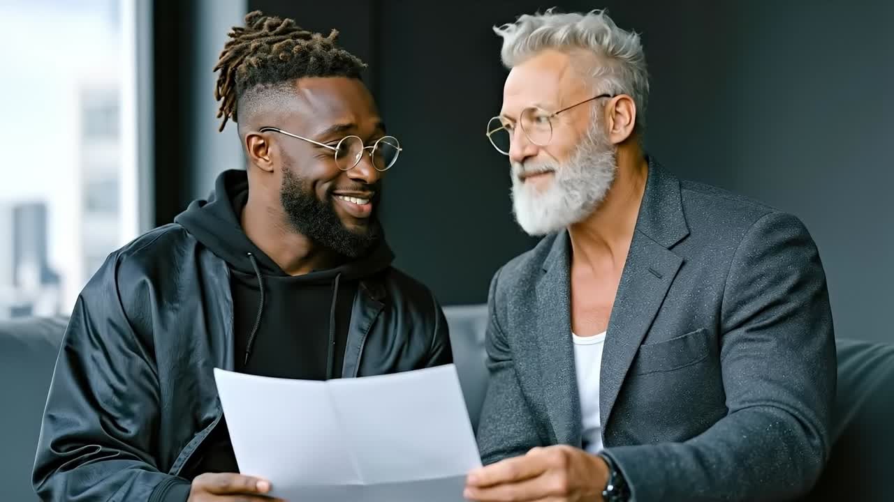Two men sitting on a couch looking at a piece of paper