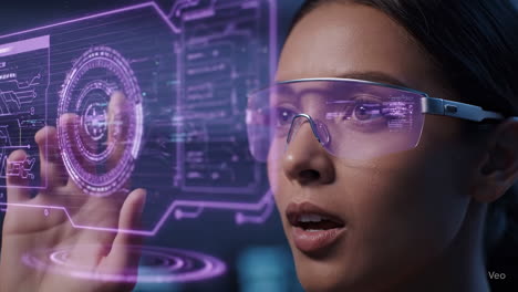 woman using futuristic augmented reality glasses