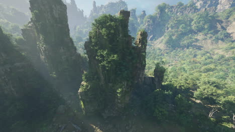 overgrown ruins in a lush jungle mountain valley