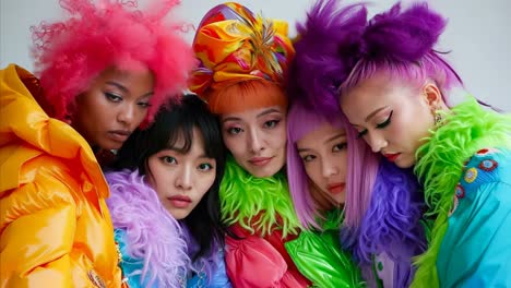 a group of young women with colorful hair posing for a picture