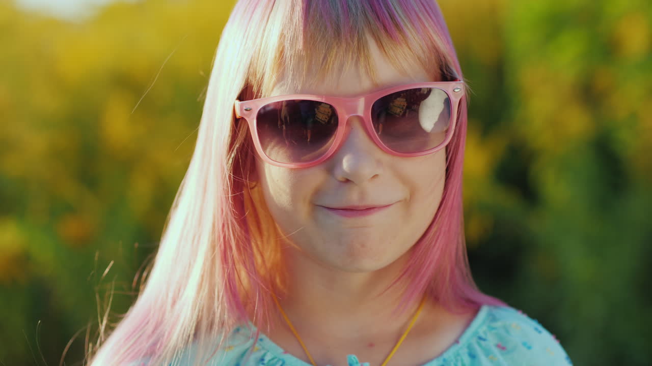 retrato de una chica con el pelo rosa con gafas de sol rosas