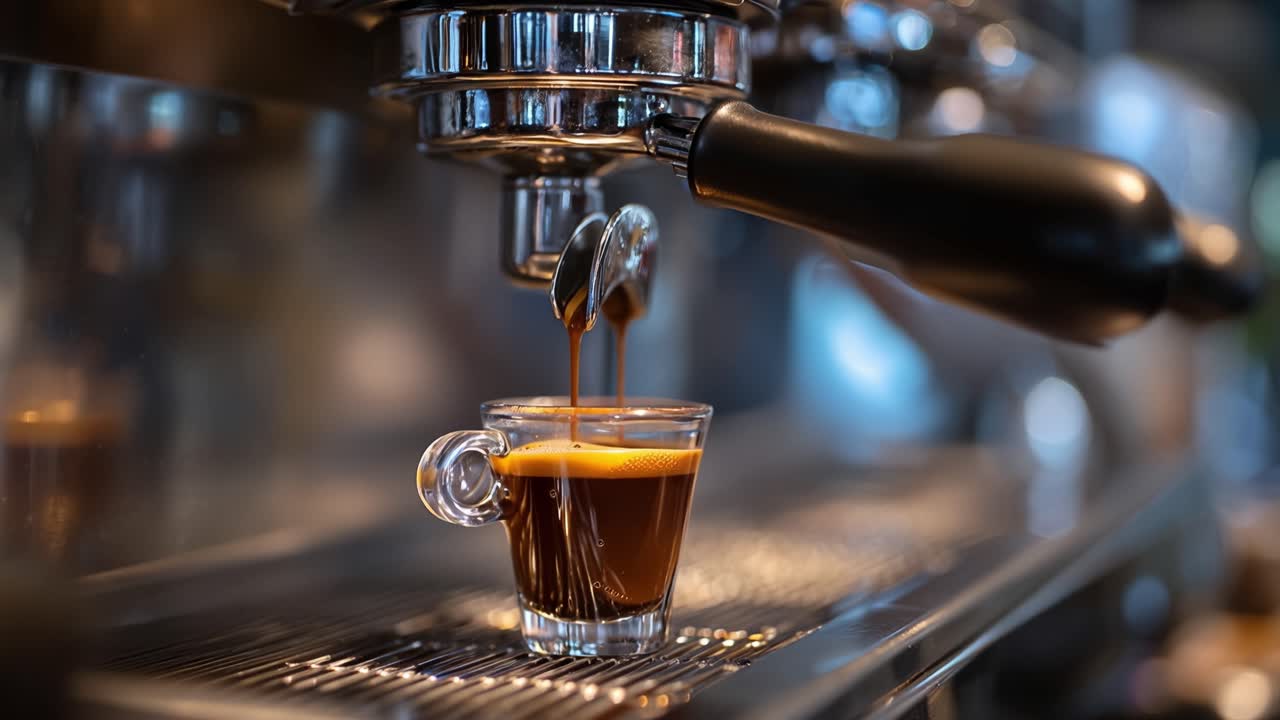 Rich espresso pours into a clear glass cup. Steamy machine drips with precision and care. Warm tones glow under soft lighting. Coffee's aroma fills the quiet moment