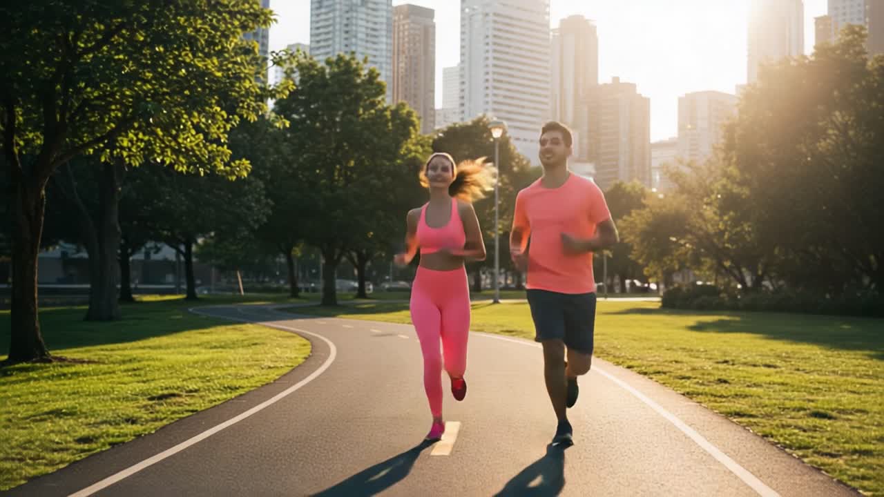 A Young Couple Jogging Together in a Vibrant Urban Park During Sunset, Embracing Fitness and a Healthy Lifestyle Amidst Skyscrapers