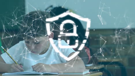 young student writing in notebook with digital network animation overlay