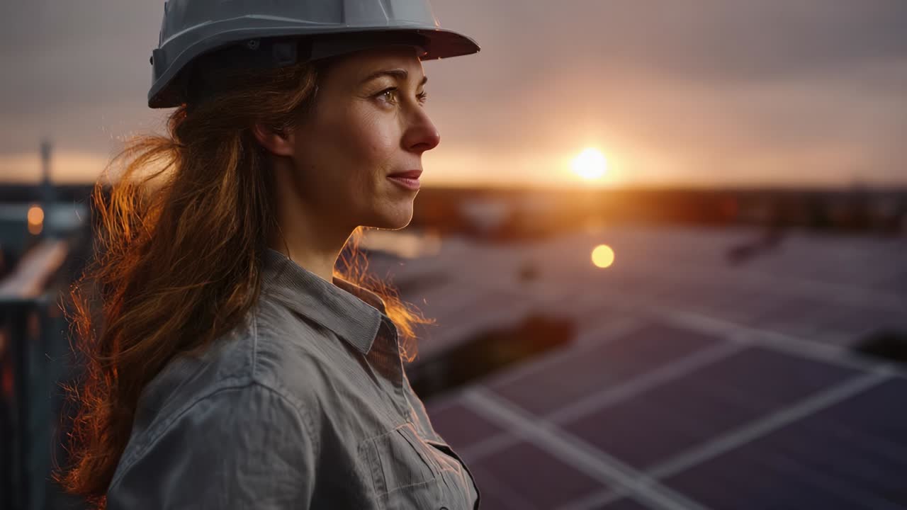 Profile of a Determined Woman in Safety Gear Standing Against a Stunning Sunset Over a Solar Panel Installation, Reflecting Commitment to Renewable Energy and Sustainable Future Initiatives