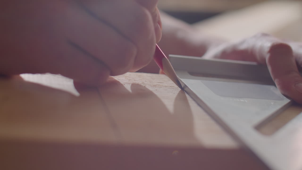 Hands of Carpenter Drawing Line on Wooden Plank with Pencil and Set Square