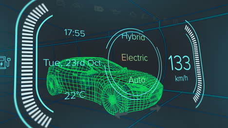 Animation of car interface over digital car model on black background