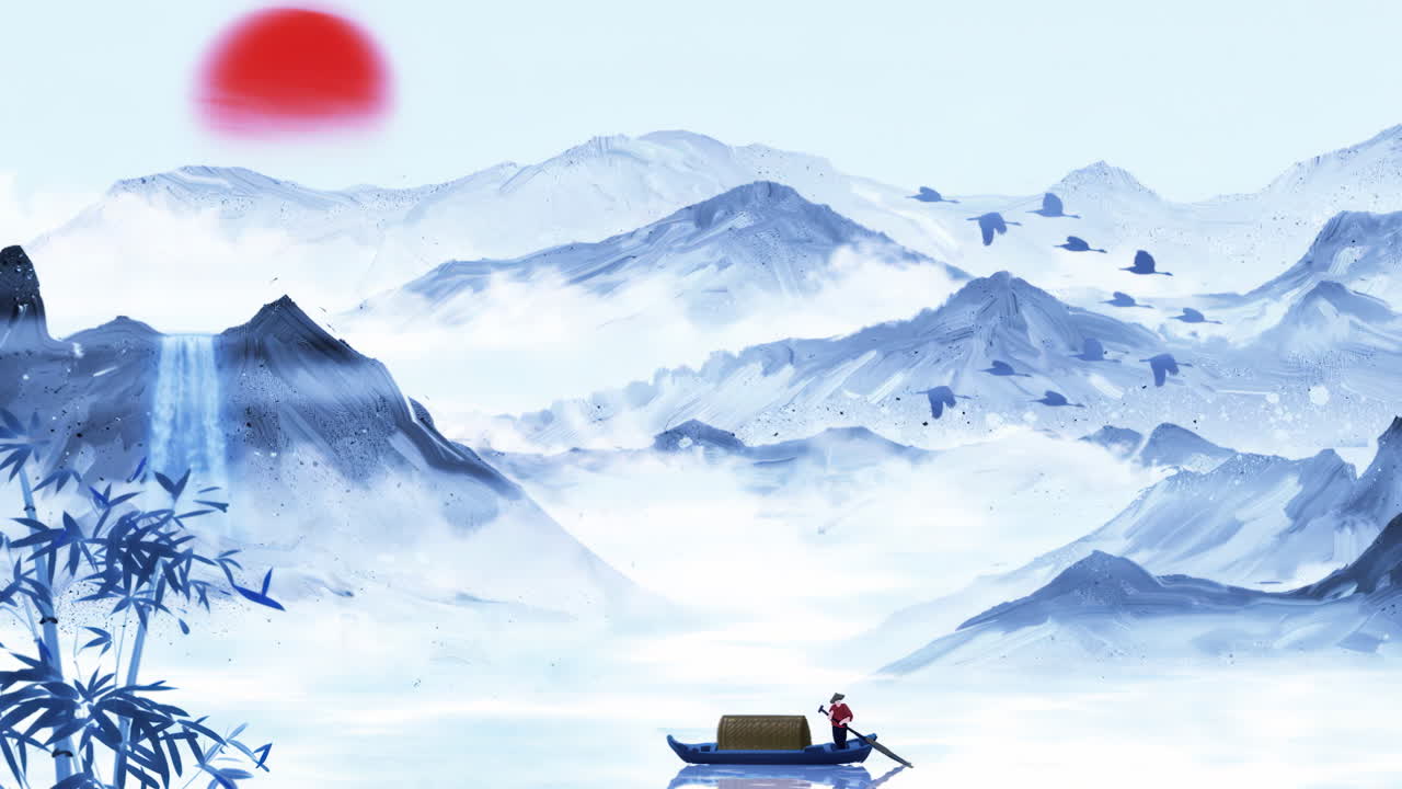 Serene Asian Mountain Landscape with Boater and Flying Birds at Sunrise