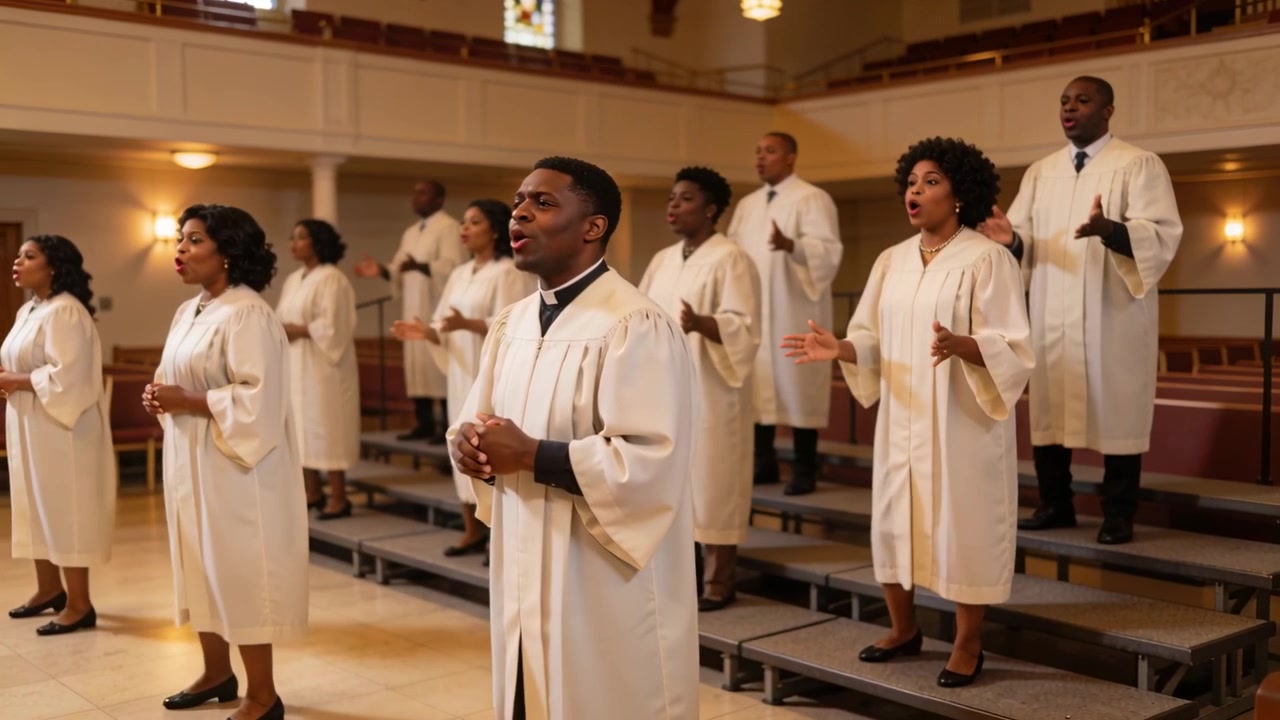 Leading soloist starting crescendo church choir singing, clapping on risers with robes for worship