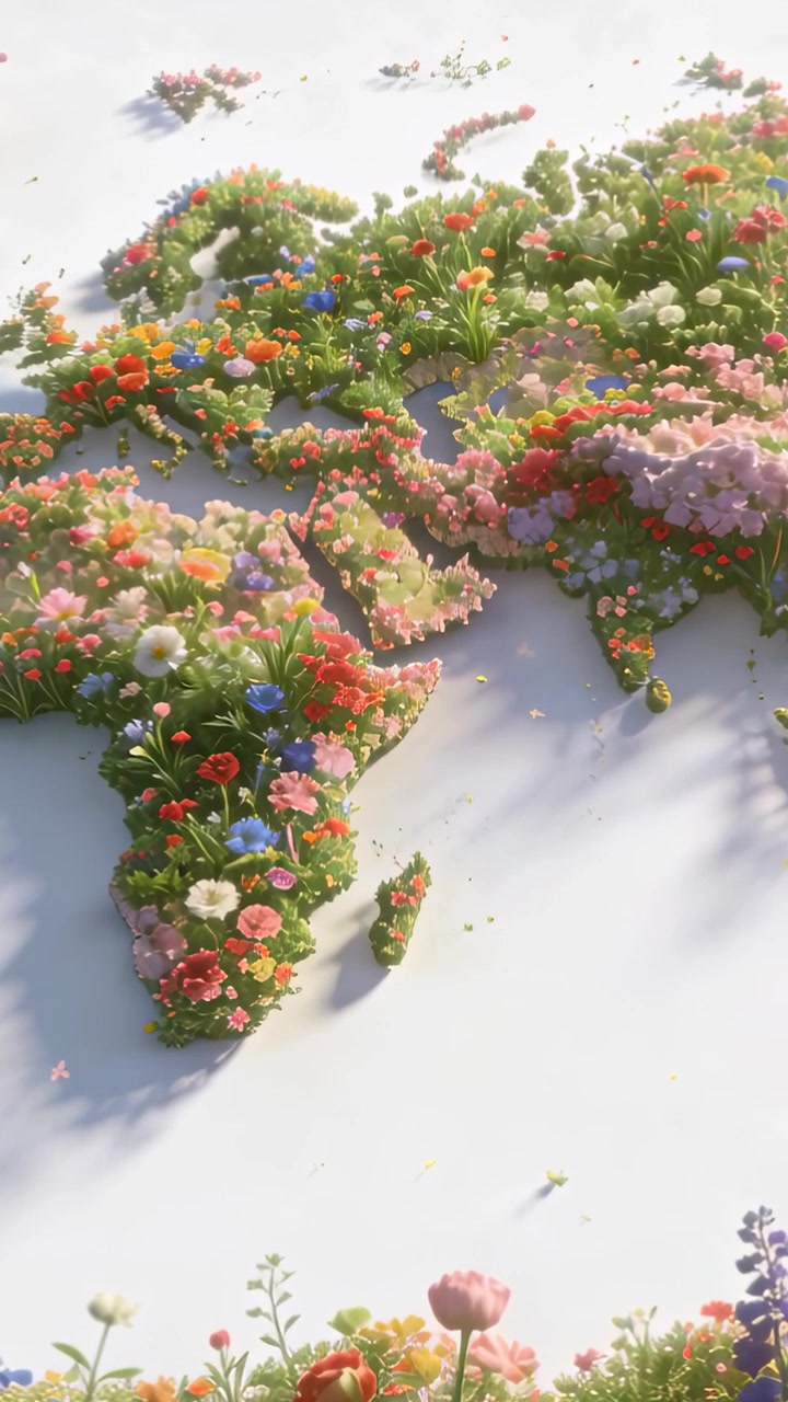 Vertical video: Pulling back cam tilting up revealing floral map on base showing Africa red blooms