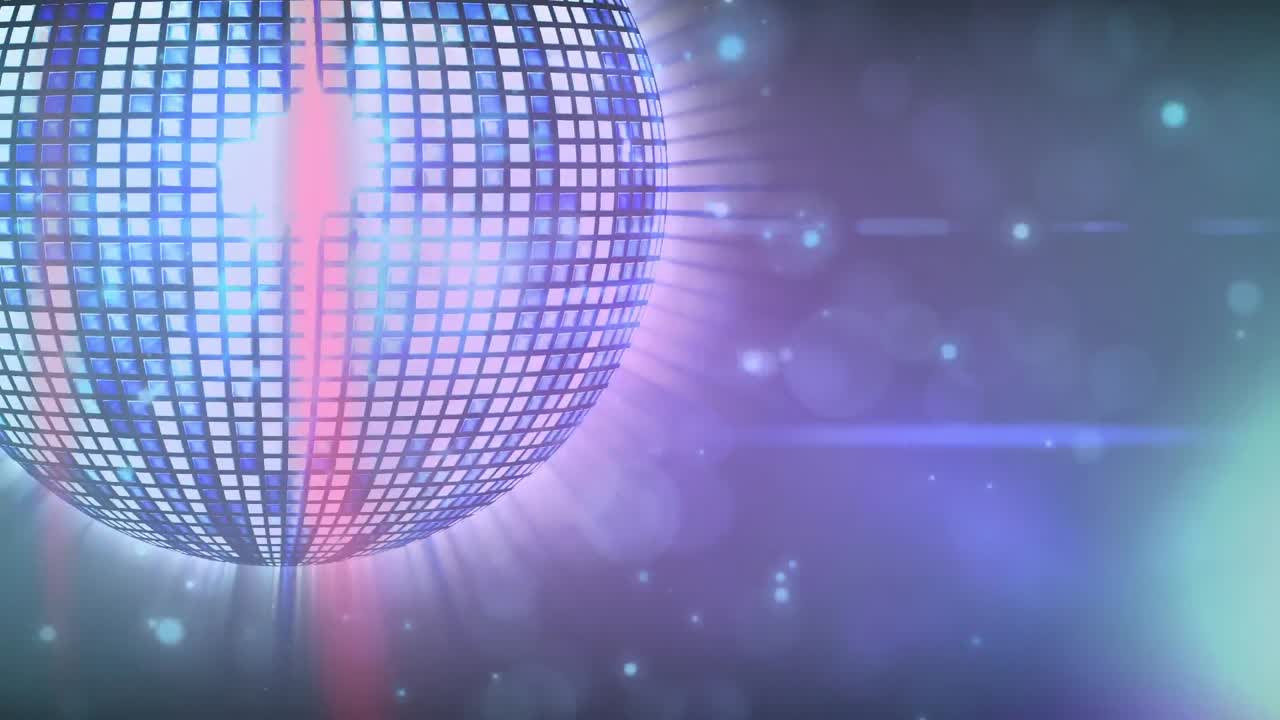 animación de puntos de luz azul sobre una pelota de discoteca de espejo giratorio
