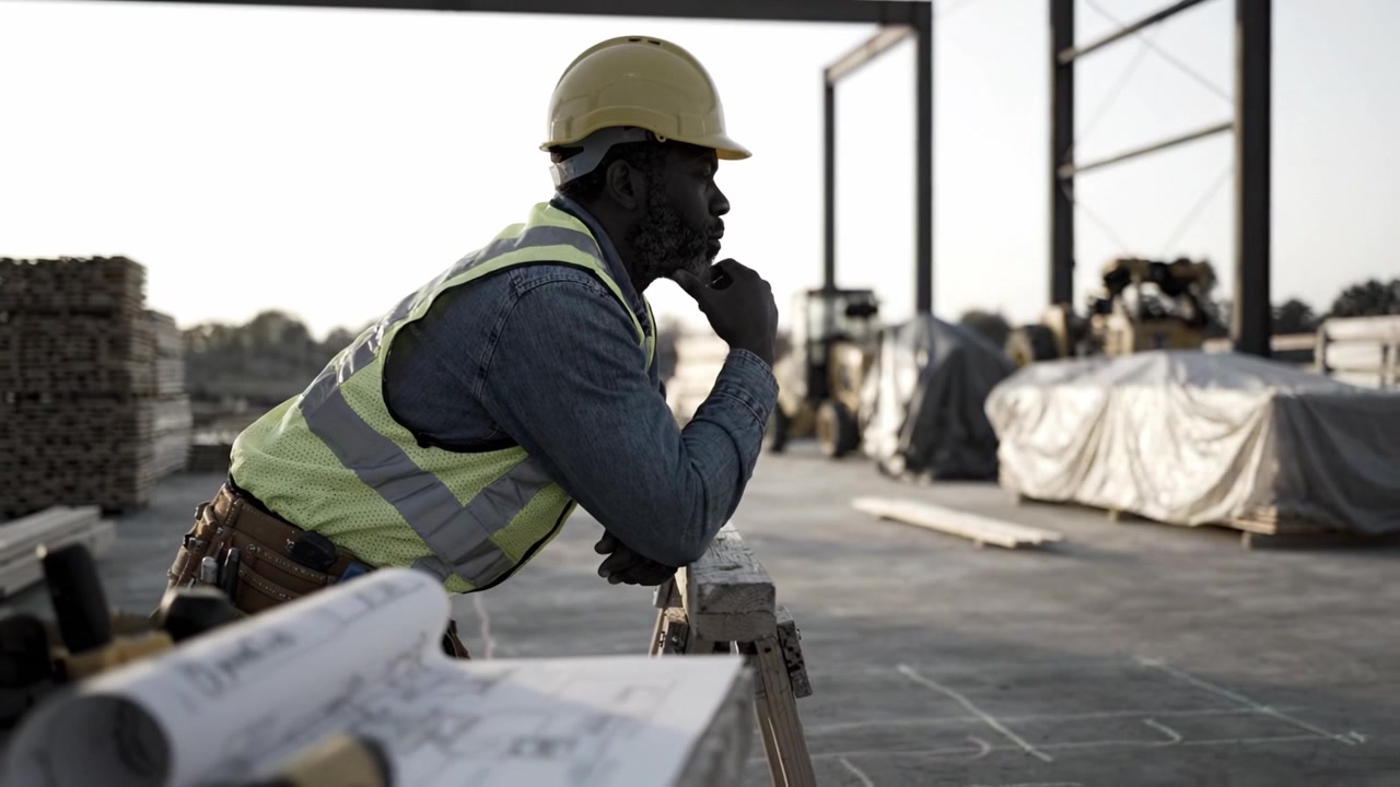 Thoughtful Construction Worker Examines Plans and Progress on Job Site with Tools and Equipment While Reflecting on Project Development and Future Improvements