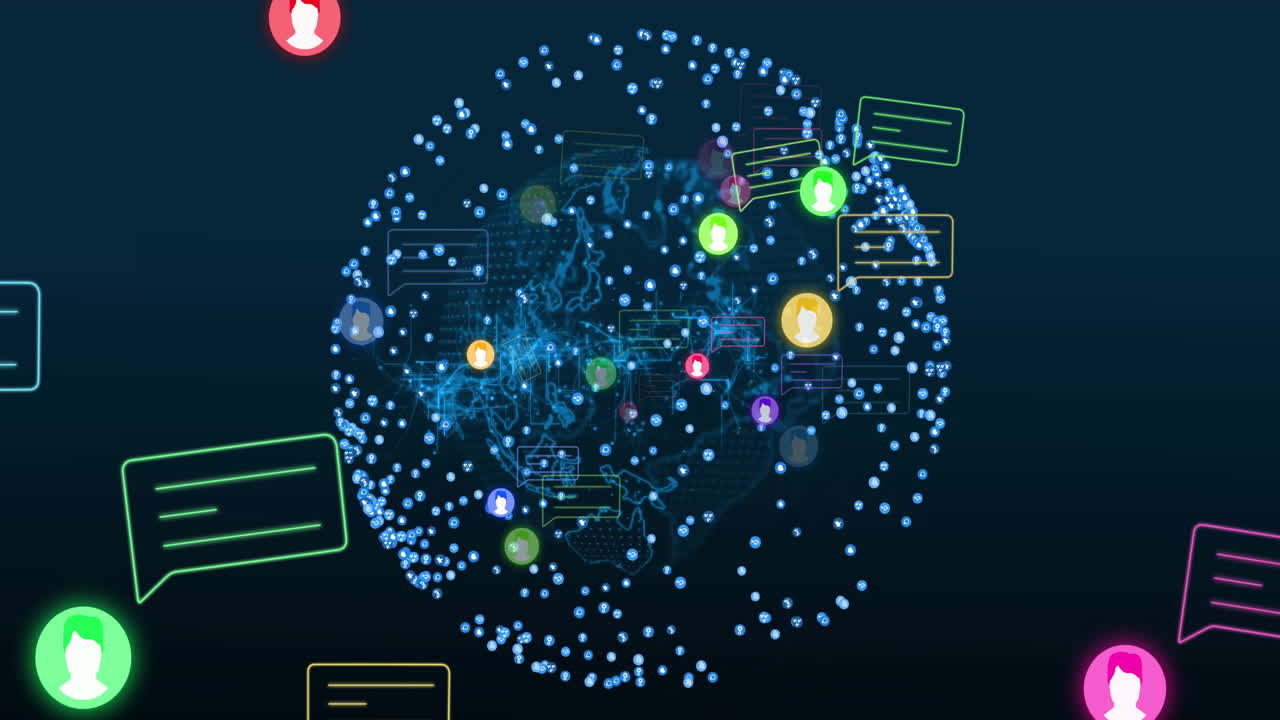Animation of media icons over globe and shapes
