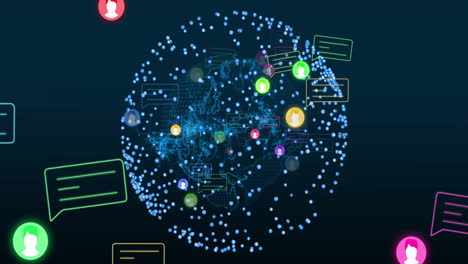 animation of media icons over globe and shapes