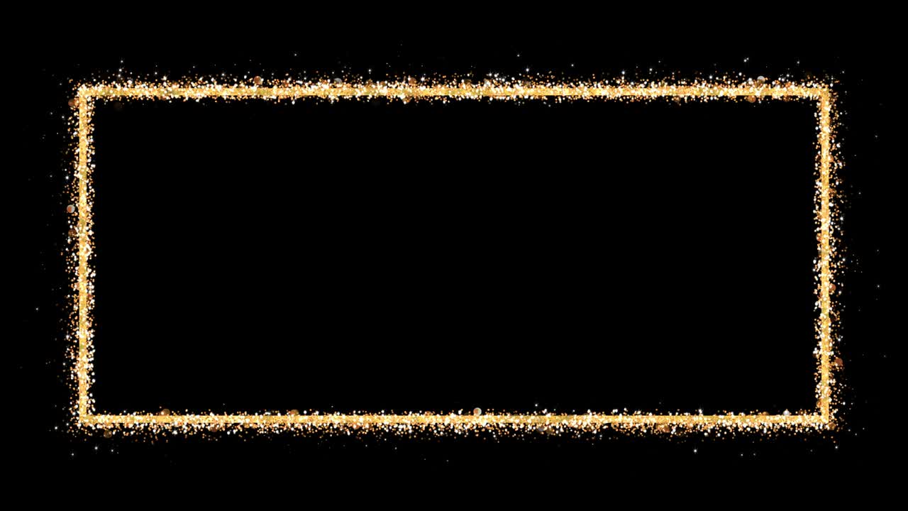 황금색 프레임: 빈 직사각형은 검은색 배경에 반이는 반이는 입자를 방출합니다. 축하 작곡을위한 요소: 루핑 3d 애니메이션.