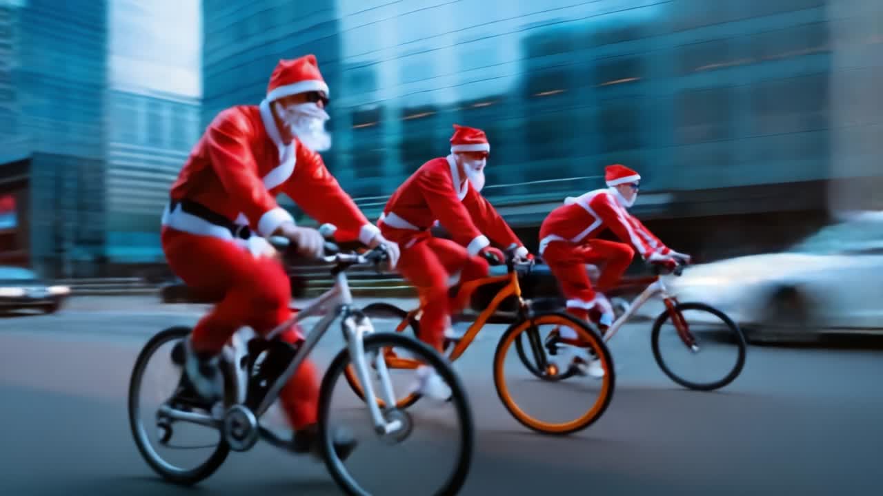 A festive scene unfolds as jovial riders dressed in bright red costumes embody the spirit of the season, joyfully cycling through a bustling city, spreading cheer and holiday excitement, capturing the essence of festive celebration