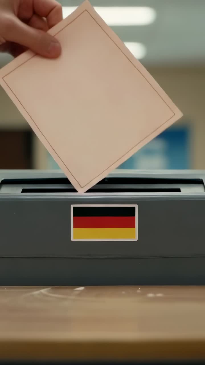 Vertical video: Placing pink ballot, hand entering grey ballot box with German flag to vote