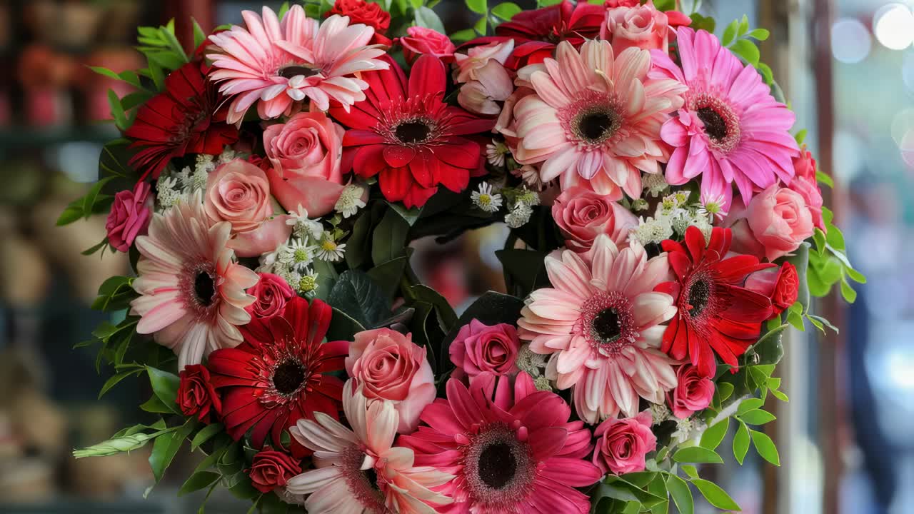 Beautiful heart shaped bouquet featuring a mix of red and pink roses and gerbera daisies, creating a romantic and lovely floral arrangement