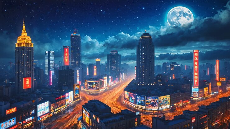 Vibrant Night Cityscape with Full Moon and Neon Lights