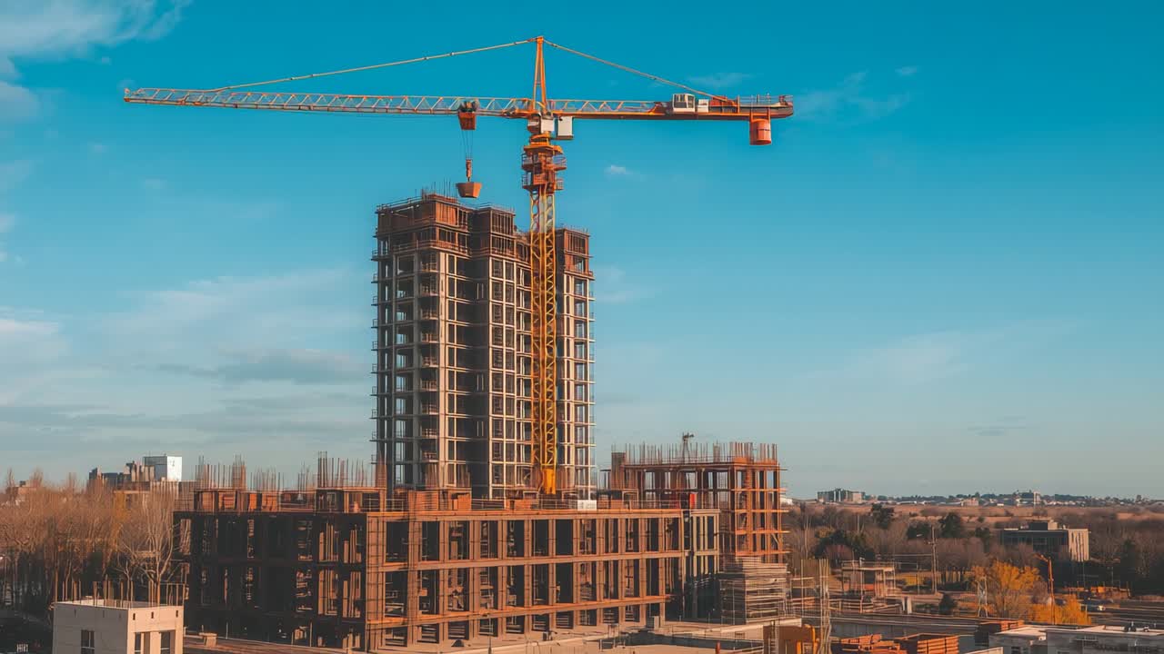 Activating crane lowering bucket to supply workers on scaffolded frame at construction site
