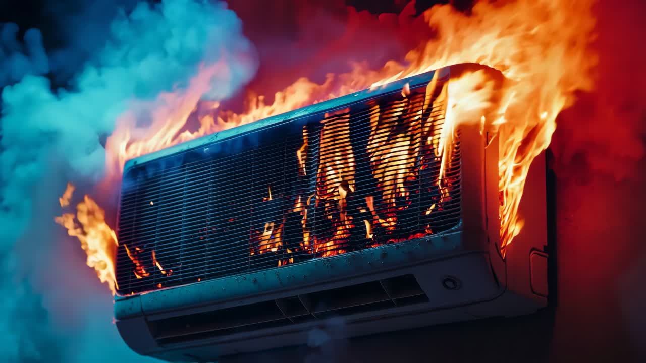 A burning air conditioner on fire with smoke coming out of it