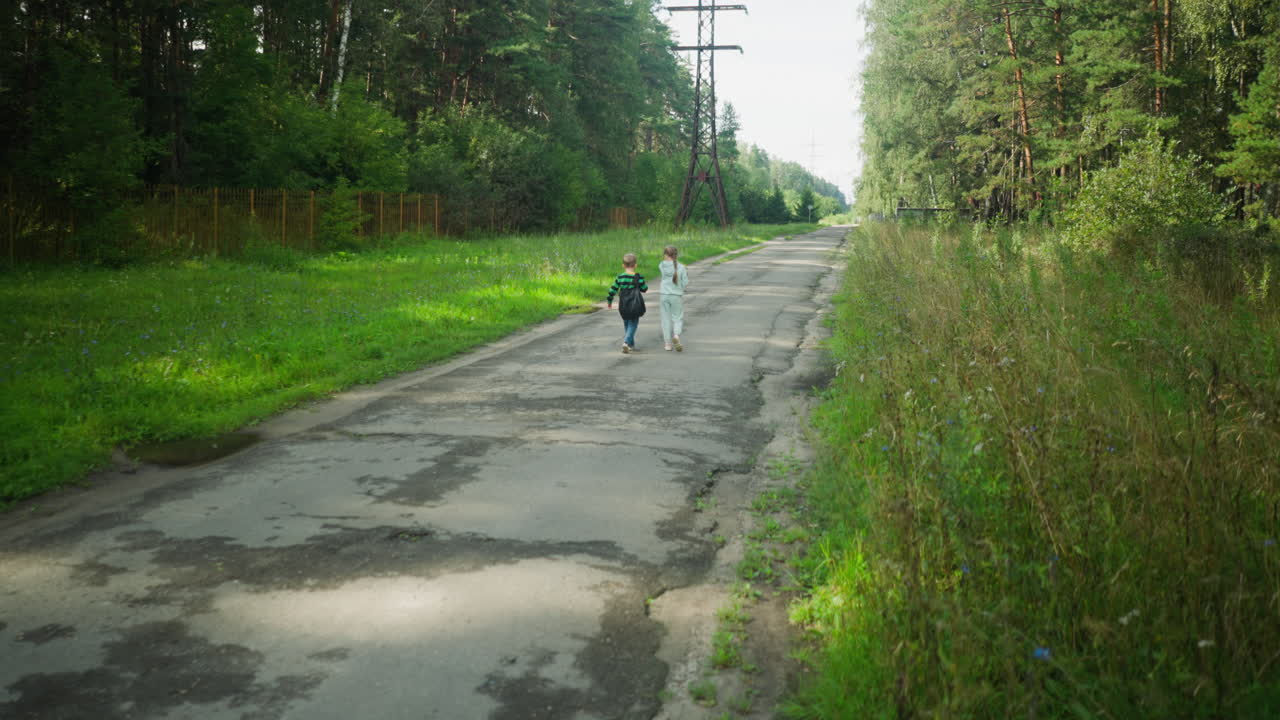 Rear view of two kids walking alone along cracked tarred road bordered by tall grass and dense forest, with visible power poles and puddles under bright daylight in a serene countryside setting