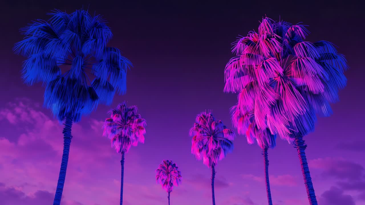 Camera starting slow panning across five palm trees at dusk, revealing neon purple blue fronds
