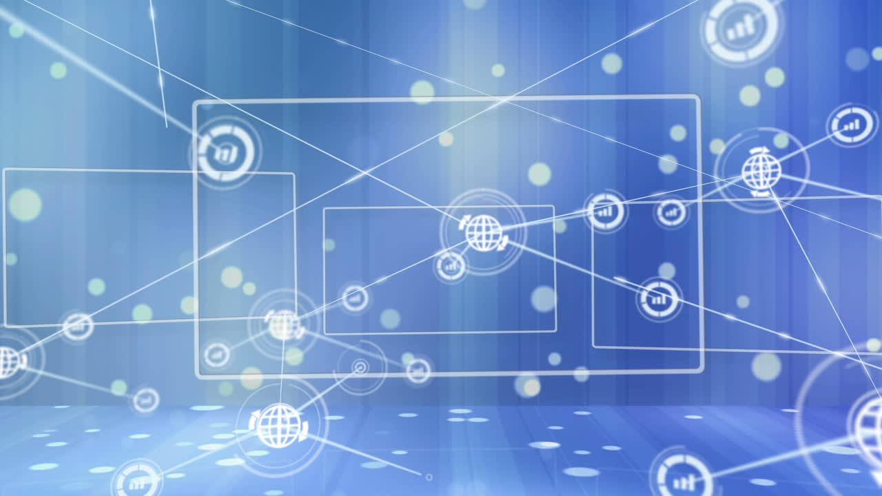 파란색 배경 위에 아이콘으로 연결 네트워크의 애니메이션