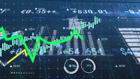 animación del procesamiento de datos financieros sobre cuadrícula y fondo oscuro