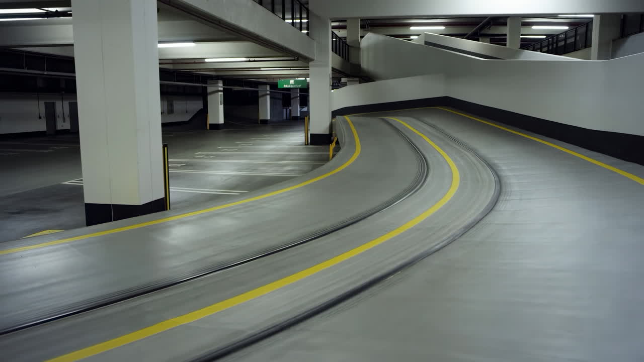 Parcheggio sotterraneo vuoto con rampa curva e linee gialle