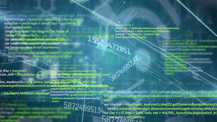 Animazione di numeri che cambiano, rete di connessioni ed elaborazione dati su sfondo blu