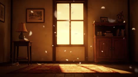 sunlight casts a golden glow in a cozy room with wooden flooring and a charming decor. petals gently float in the air, creating a serene atmosphere perfect for relaxation.