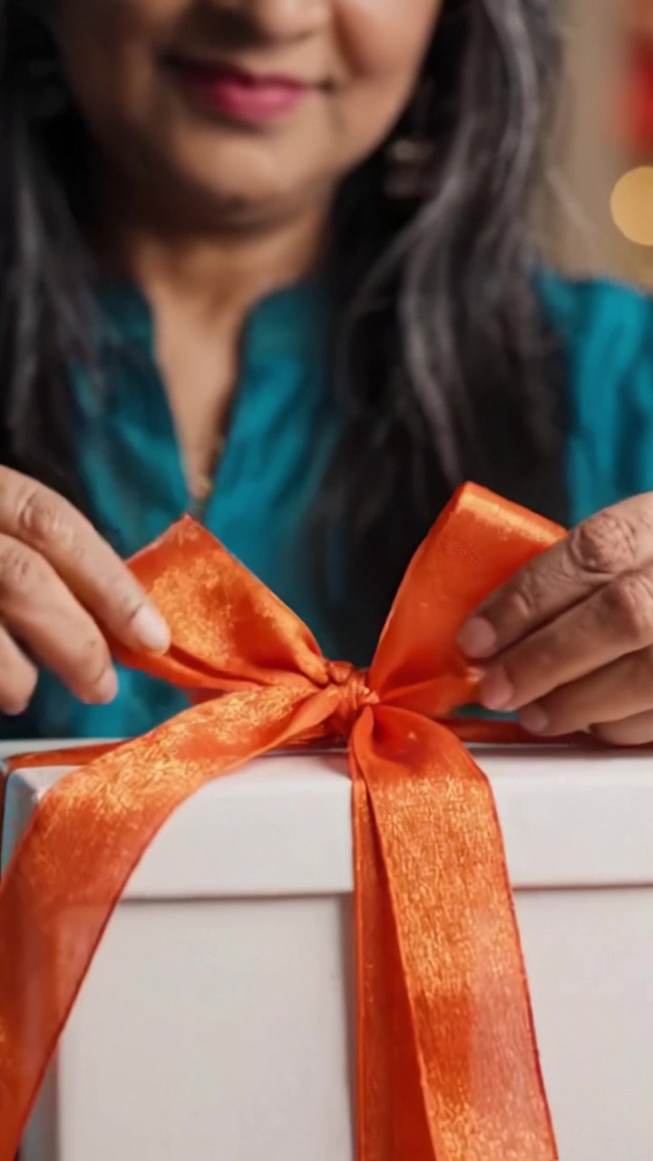 Un momento gioioso catturato mentre una donna lega un vivace fiocco arancione intorno a una scatola regalo splendidamente incartata, simboleggiando l'attesa e la celebrazione di occasioni speciali