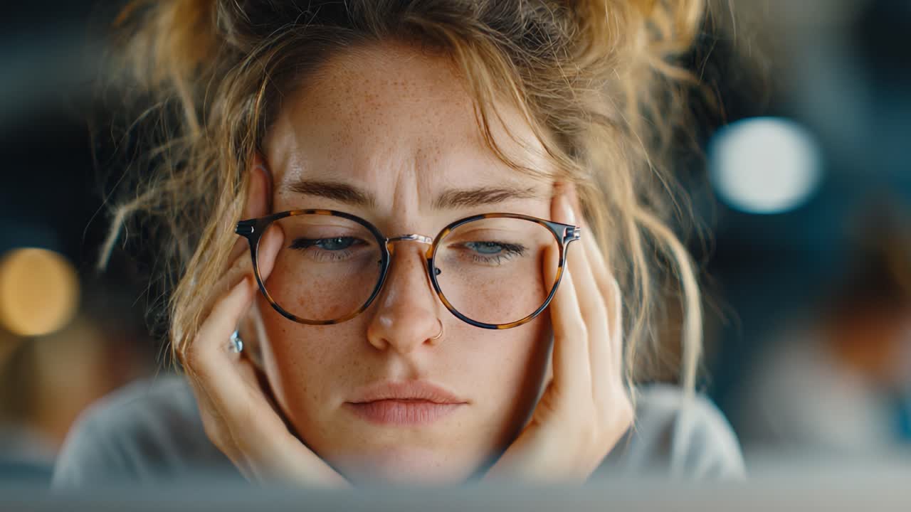 A Pensive Individual Struggles with Concentration and Focus While Working on a Computer in a Busy Environment, Emphasizing the Weight of Stress and Distraction